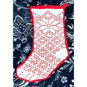 Vintage Handmade Crochet Christmas Stocking featuring a snowflake pattern.
